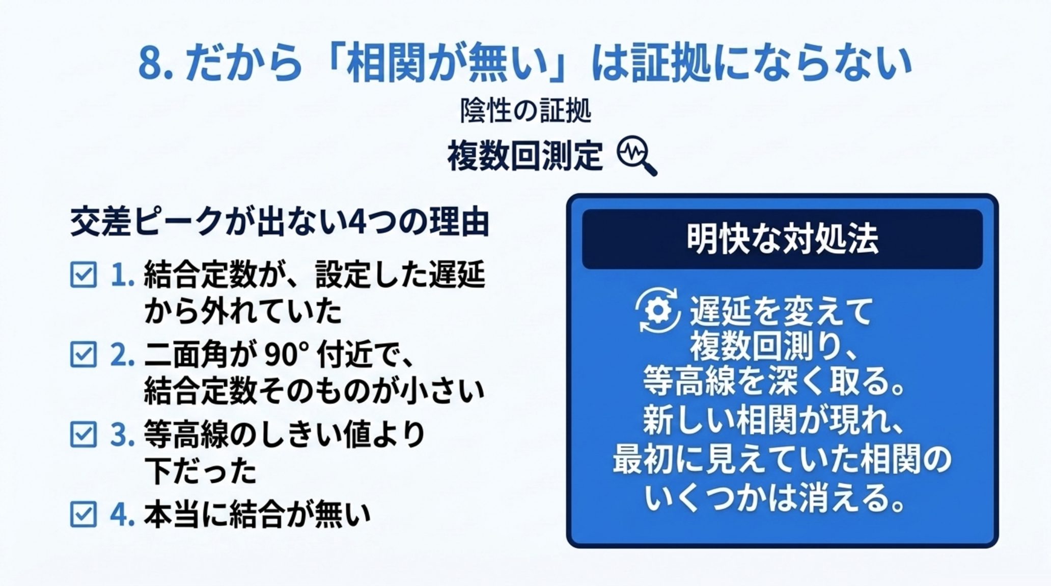 HMBC に交差ピークが出ない4つの理由と対処法。結合定数が設定した遅延から外れていた、二面角が 90° 付近で結合定数そのものが小さい、等高線のしきい値より下だった、本当に結合が無い。対処は遅延を変えて複数回測り等高線を深く取ること。そうすると新しい相関が現れ、最初に見えていた相関のいくつかは消える