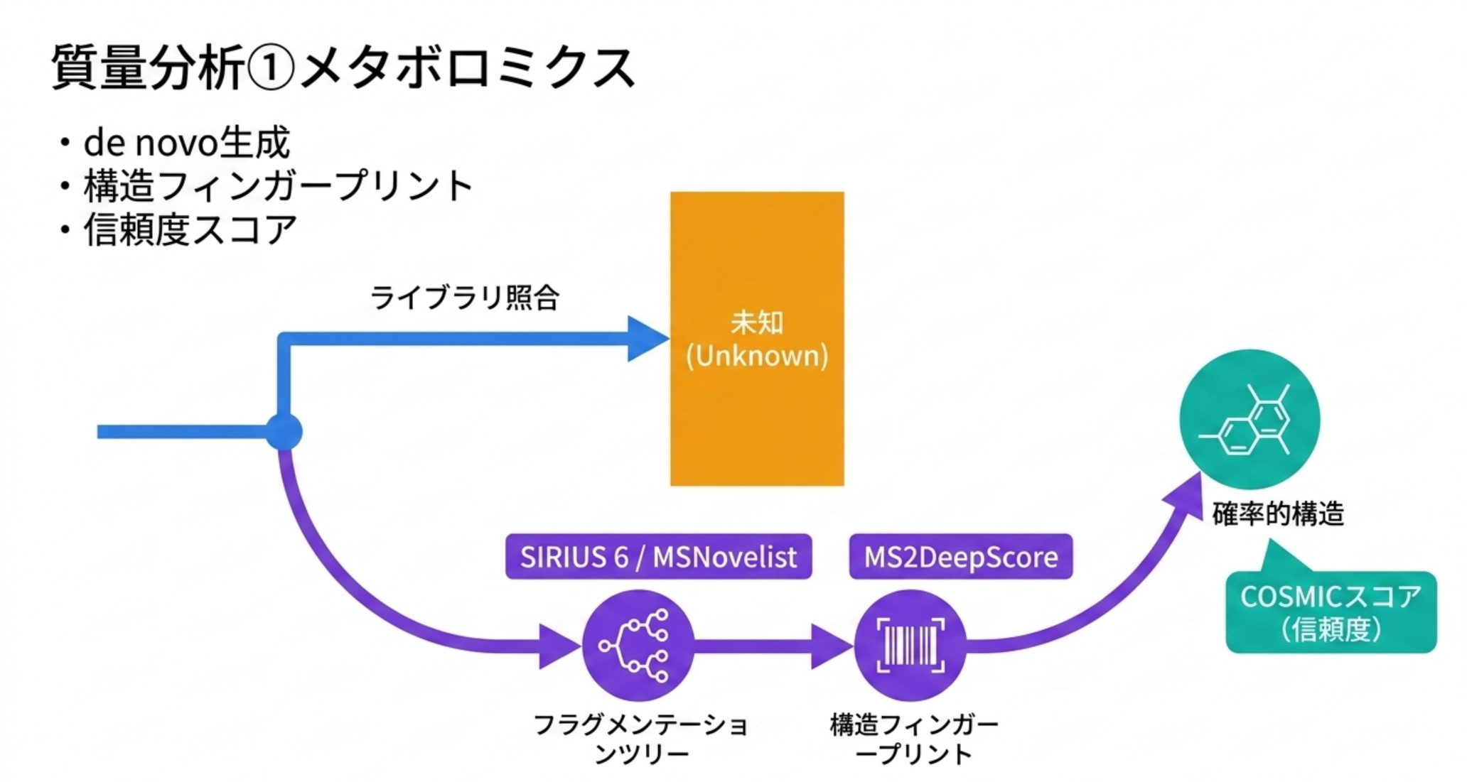 図解：MS/MSから分子フィンガープリントを機械学習で予測（SIRIUS/CSI:FingerID）、構造類似度をMS2DeepScoreで判定、分子ネットワーキングで未知物質を推定