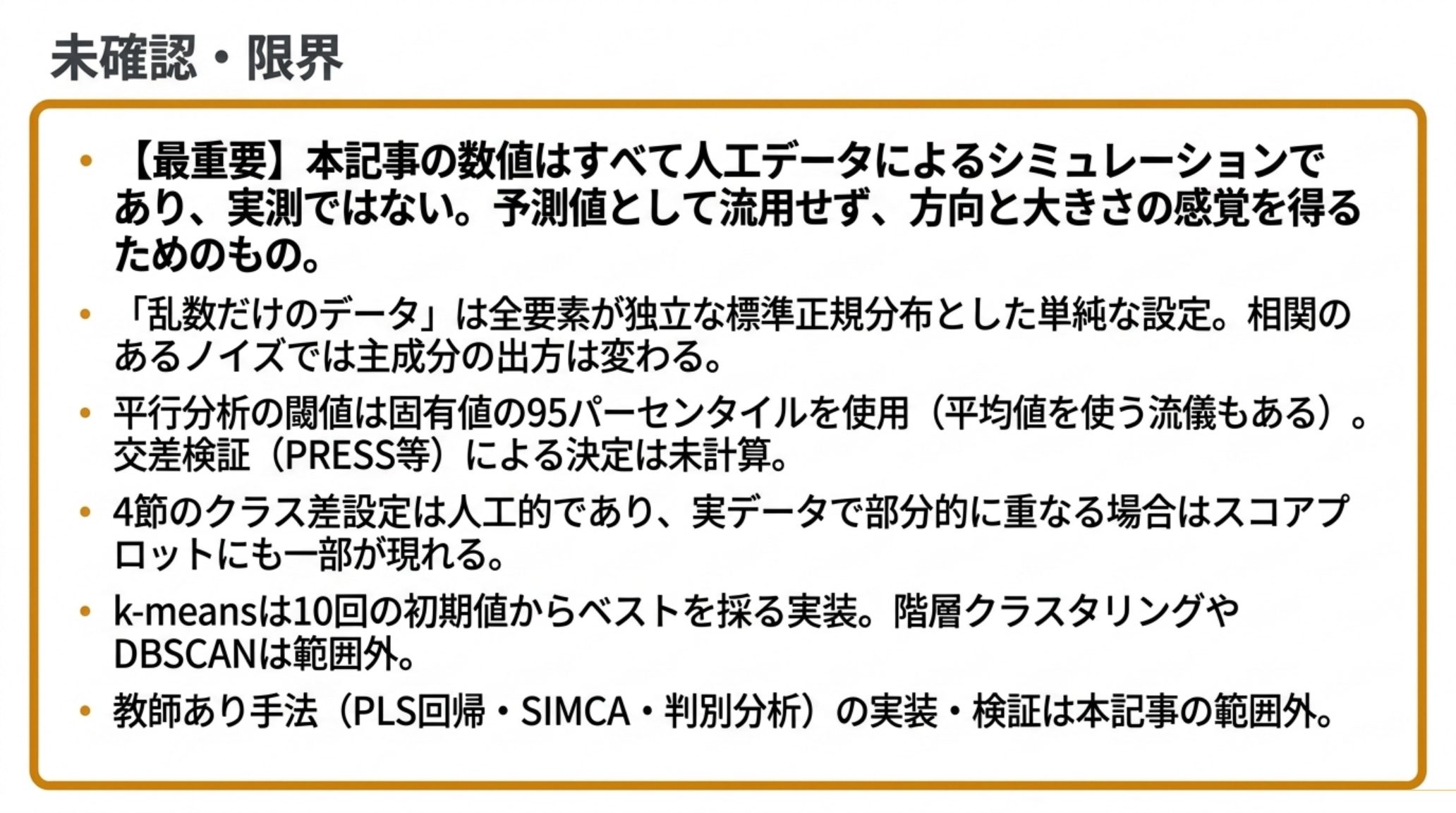 本記事の限界を示す図。数値はすべて人工データのシミュレーションであり実測ではない。乱数だけのデータは全要素が独立な標準正規分布とした単純な設定で、相関のあるノイズでは主成分の出方が変わる。平行分析の閾値は95パーセンタイルを使用し交差検証による決定は未計算。4節のクラス差設定は人工的で実データでは部分的に重なる場合がある。k-meansは10回の初期値からベストを採る実装で階層クラスタリングやDBSCANは範囲外。教師あり手法の実装と検証は範囲外