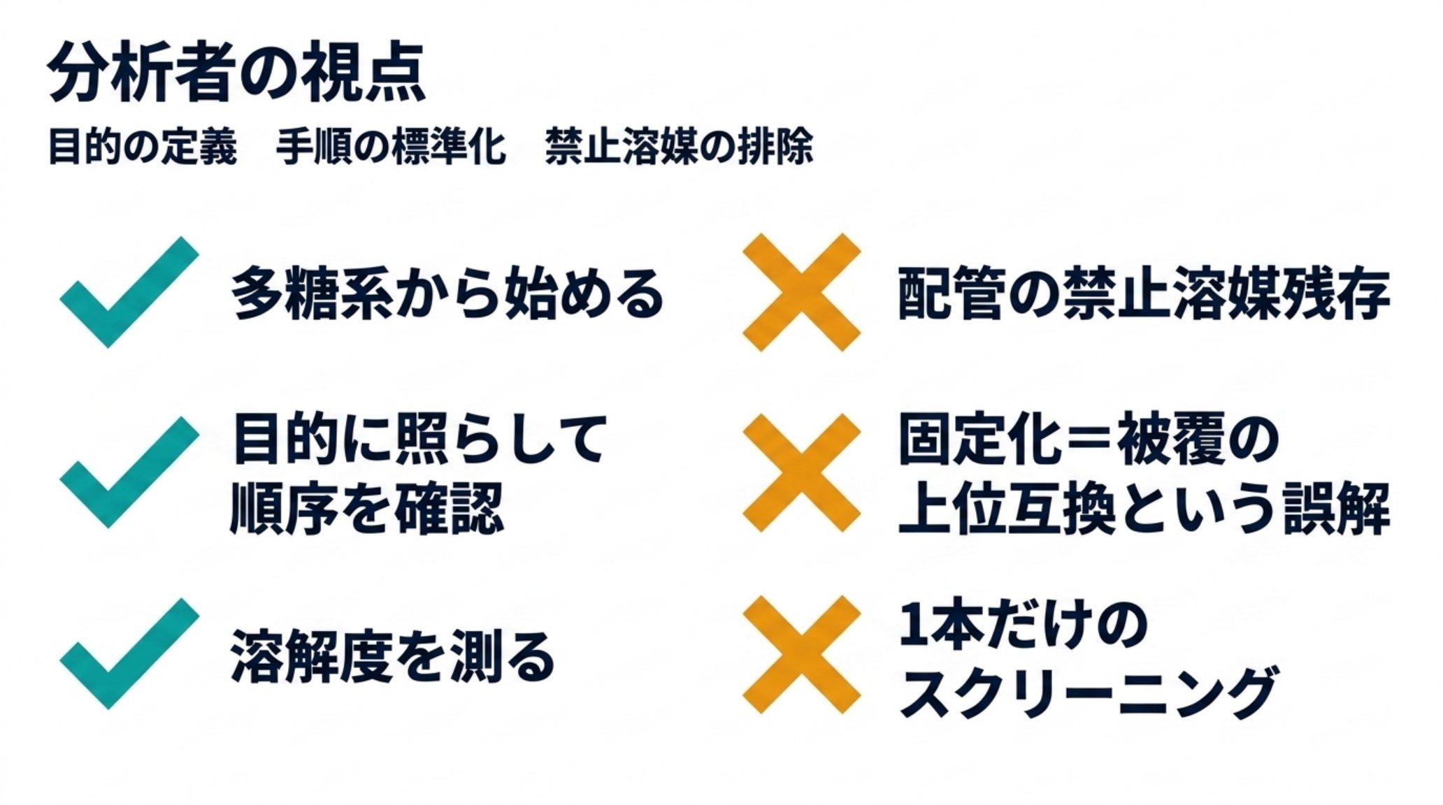 キラルカラム選択の実務まとめ。やること＝多糖系から始める、目的に照らして溶出順序を確認する、分取なら溶解度を測る。やってはいけないこと＝配管に禁止溶媒を残す、固定化型を被覆型の上位互換と考える、1本だけのスクリーニングで判断する