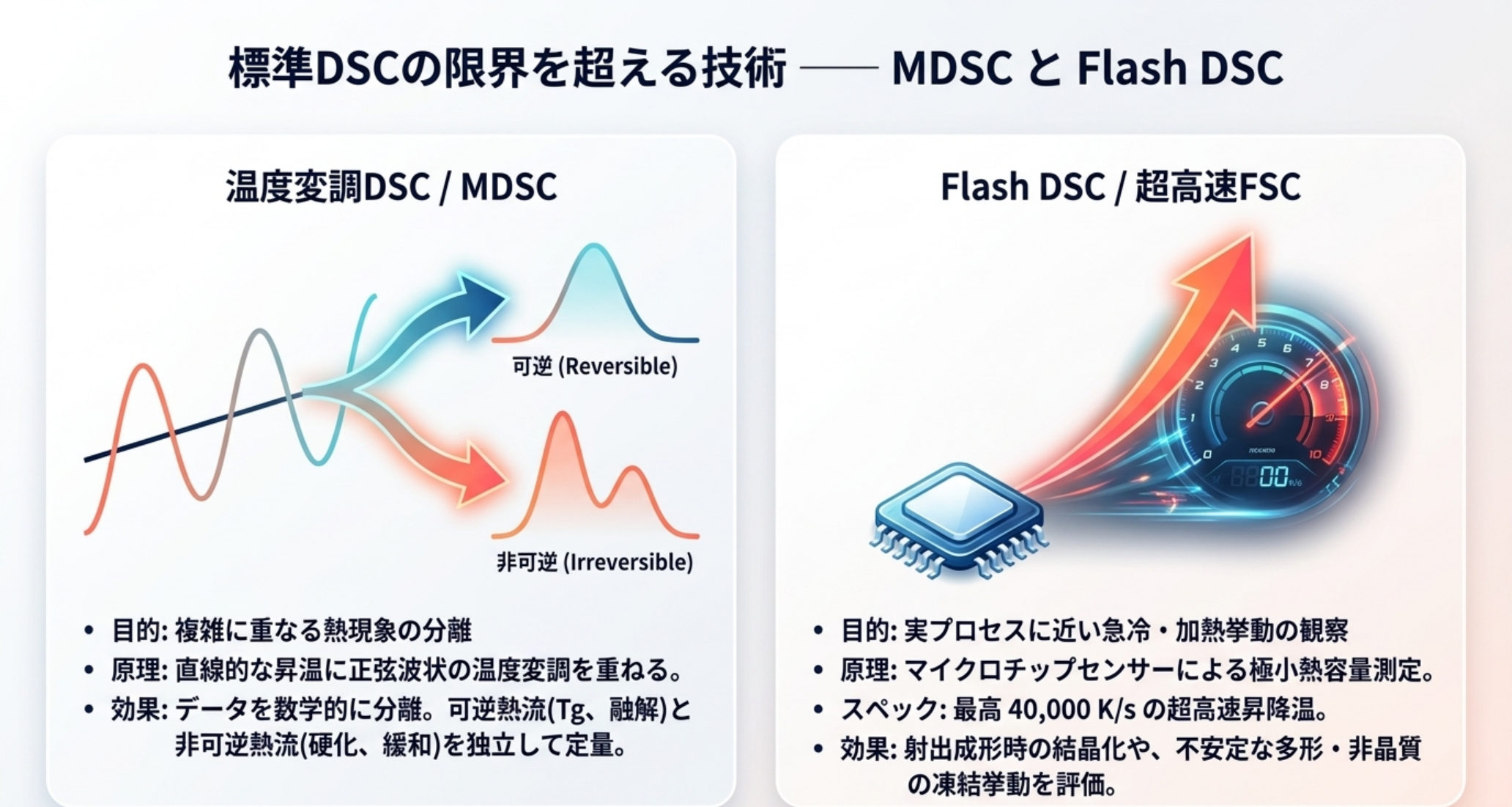 MDSCと Flash DSCの比較図。MDSCは直線昇温＋正弦波変調で可逆熱流（Tg・融解）と非可逆熱流（硬化・緩和・蒸発）を分離。Flash DSCはチップセンサーで1〜40,000 K/sの超高速昇降温を実現