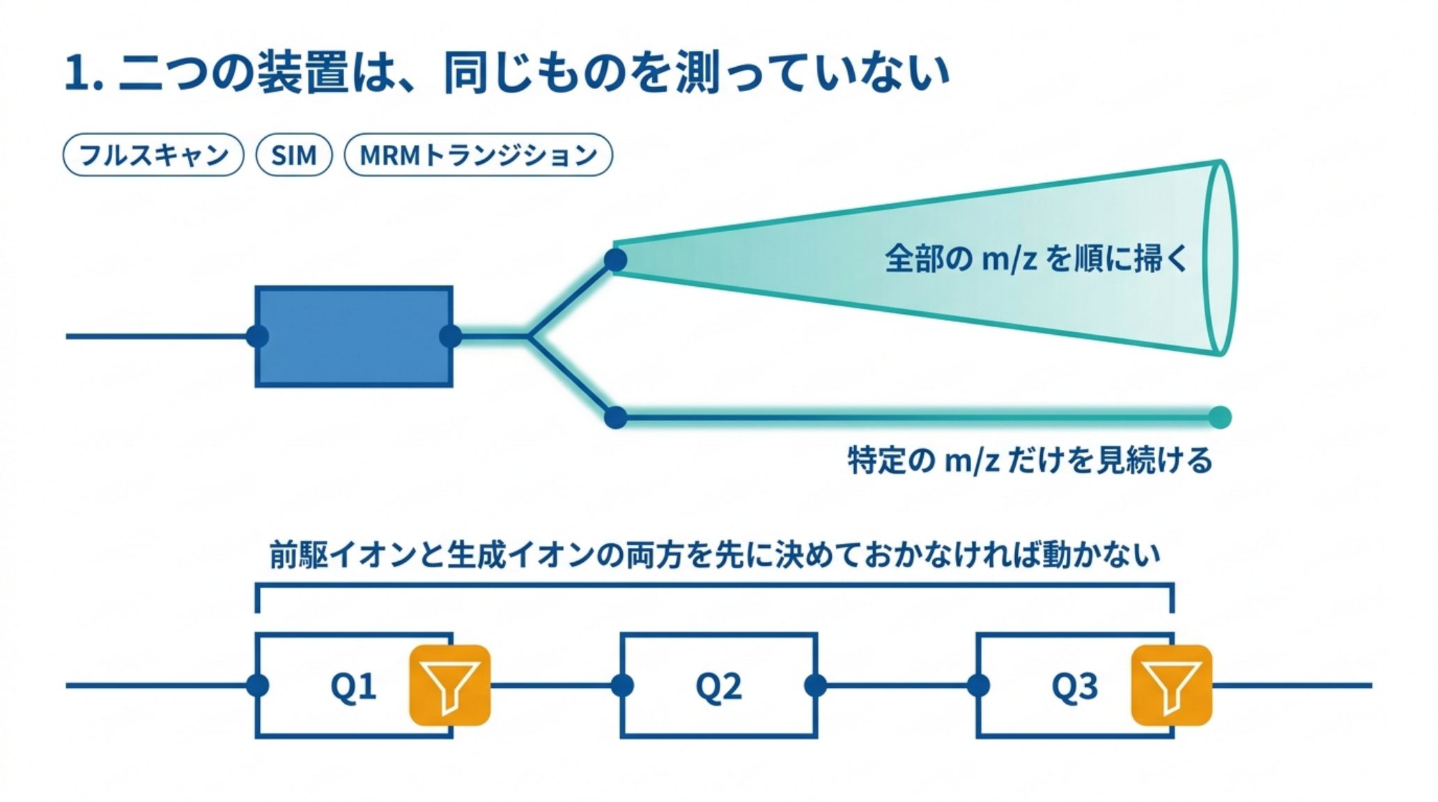 シングル四重極はフルスキャンで全部の m/z を順に掃くか、SIM で特定の m/z だけを見続ける。三連四重極は Q1 で前駆イオン、Q3 で生成イオンを選ぶため、前駆イオンと生成イオンの両方を先に決めておかなければ動かない