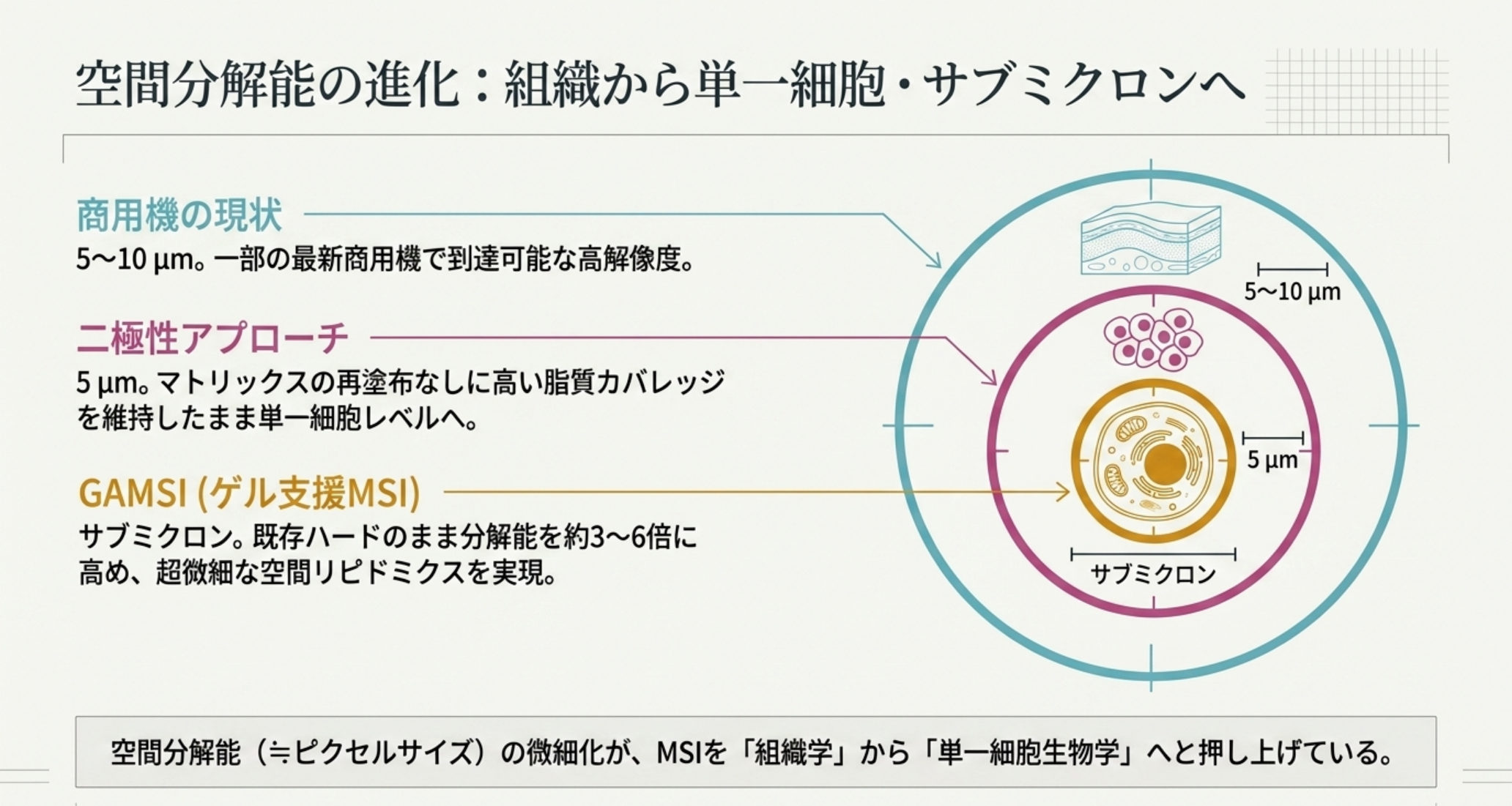 図解：空間分解能の進化。商用機5〜10µm、二極性アプローチ5µm、GAMSIでサブミクロンへ