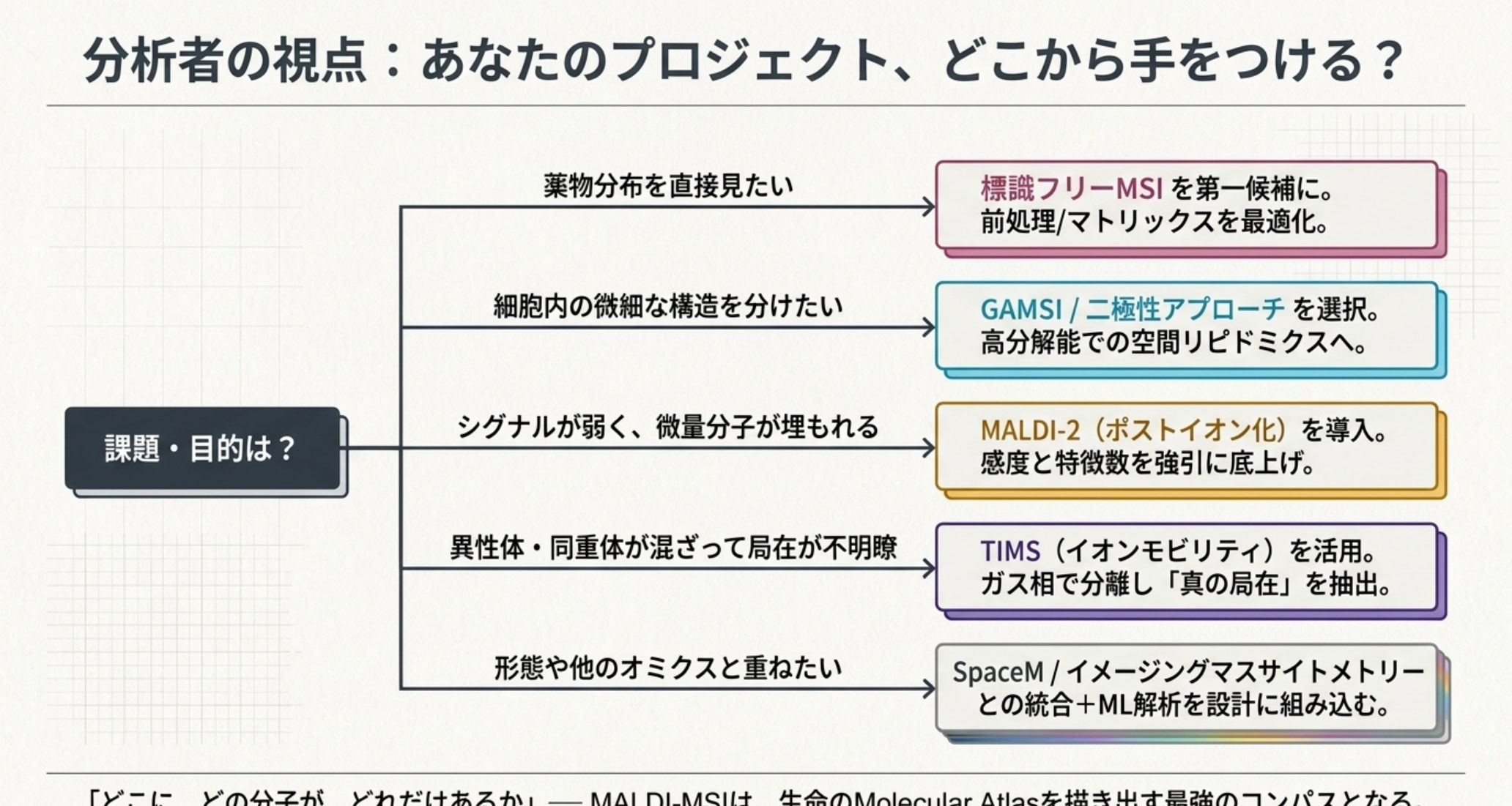 図解：課題別の手法選択フロー。薬物分布なら標識フリーMSI、微細構造ならGAMSI/二極性、微量ならMALDI-2、異性体ならTIMS、統合ならSpaceM/ML