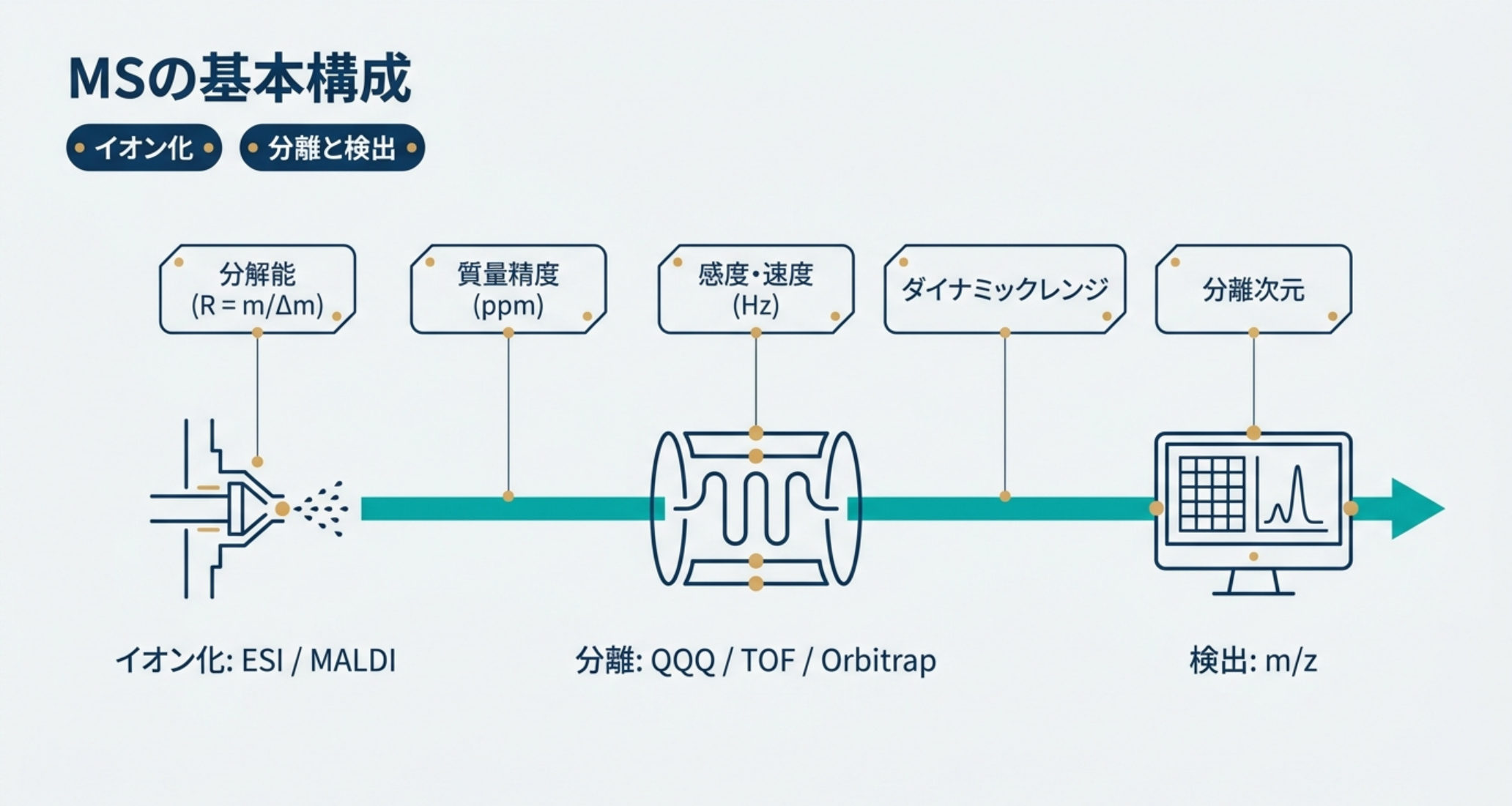 図解：MSの基本構成。イオン化（ESI/MALDI）→分離（QQQ/TOF/Orbitrap）→検出（m/z）と、分解能・質量精度・感度速度・ダイナミックレンジ・分離次元の性能指標