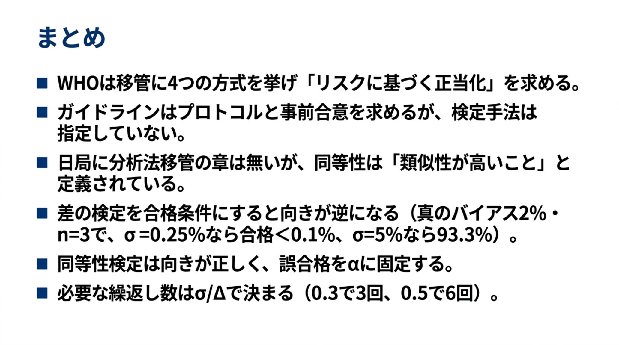 本記事の要点をまとめた図。WHOは移管に4つの方式を挙げリスクに基づく正当化を求める、ガイドラインはプロトコルと事前合意を求めるが検定手法は指定していない、日局に分析法移管の章は無いが同等性は類似性が高いことと定義されている、差の検定を合格条件にすると向きが逆になり真のバイアス2パーセント・n=3で標準偏差0.25パーセントなら合格0.1パーセント未満だが5パーセントなら93.3パーセント、同等性検定は向きが正しく誤合格を有意水準に固定する、必要な繰返し数は比で決まり0.3で3回0.5で6回