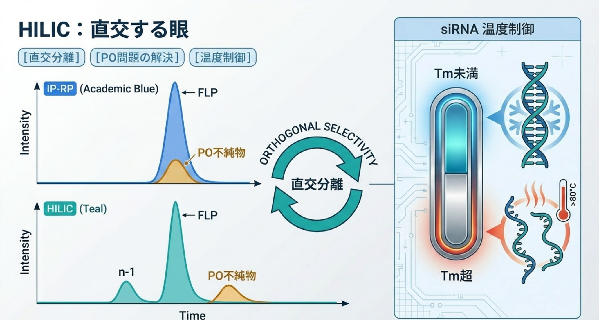 図解：HILIC。IP-RPに直交する選択性。PO不純物が全長体(FLP)の後に、n-1が前に溶出して分離できる