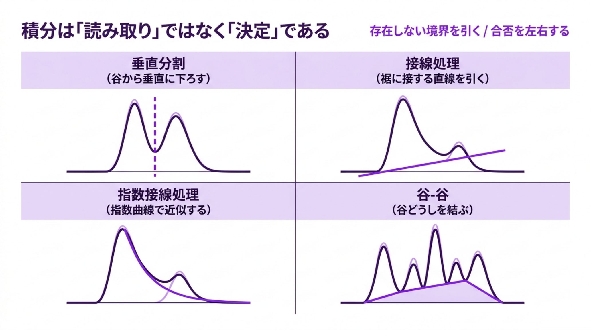4つの積分モードの図解。垂直分割は谷から垂直に線を下ろす。接線処理は主ピークの裾に接する直線を引く。指数接線処理は指数曲線で裾を近似する。谷-谷は谷どうしを結んだ折れ線をベースラインにする