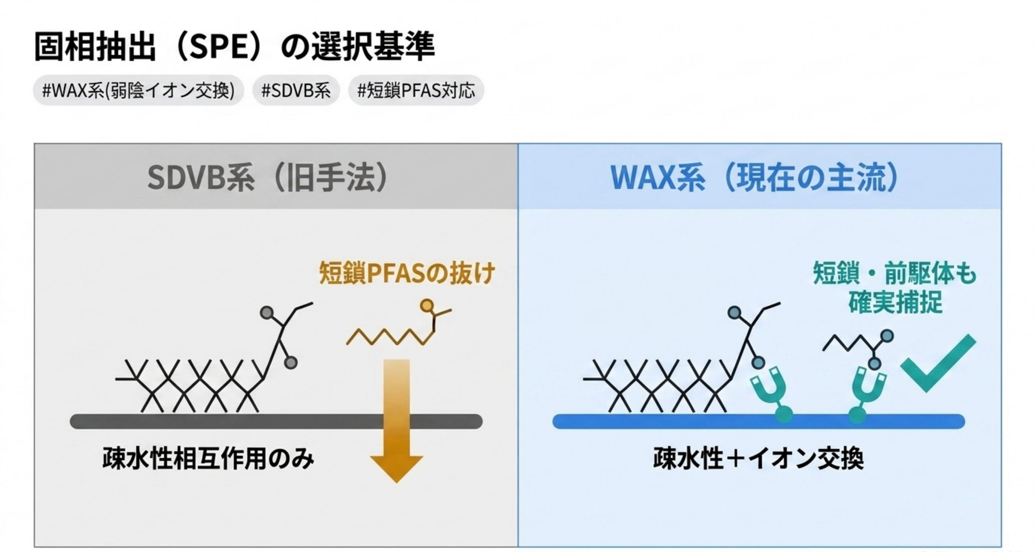 WAX系とSDVB系の固相抽出の使い分けを示す図解