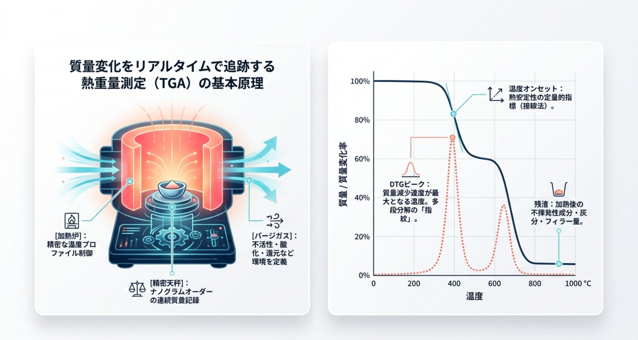 TGAの原理図：温度制御炉＋高精度天秤で試料の質量変化をリアルタイム記録。TGA曲線（残存質量）とDTG曲線（微分・変化速度）の見方、温度オンセット・残渣・DTGピークの読み取りポイント