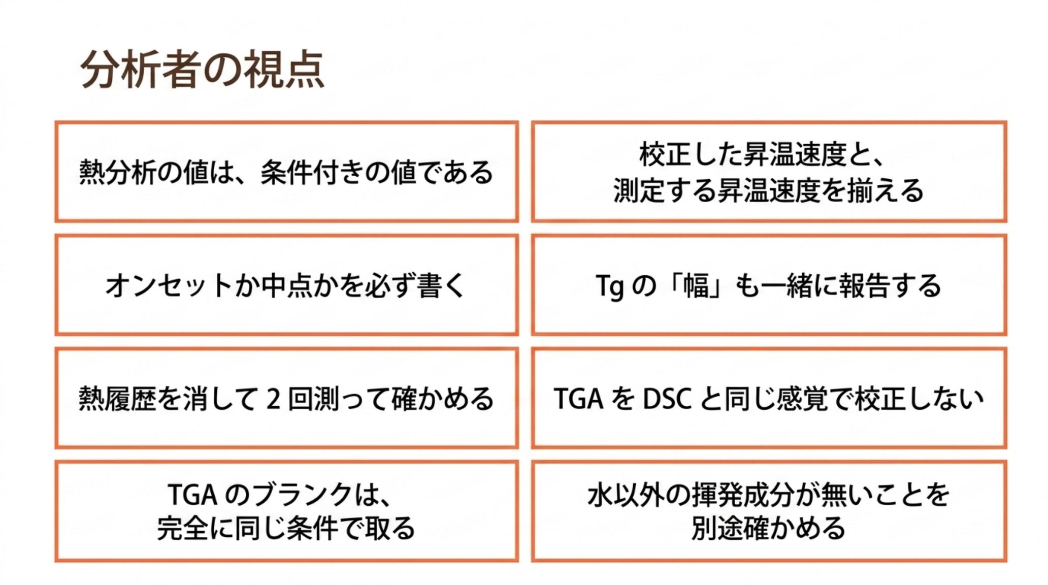 分析者が守るべき8つの原則を示す図。熱分析の値は条件付き、校正と測定の昇温速度を揃える、オンセットか中点かを必ず書く、Tg の幅も報告する、熱履歴を消して2回測る、TGA を DSC と同じ感覚で校正しない、TGA のブランクは完全に同じ条件で取る、水以外の揮発成分が無いことを別途確かめる