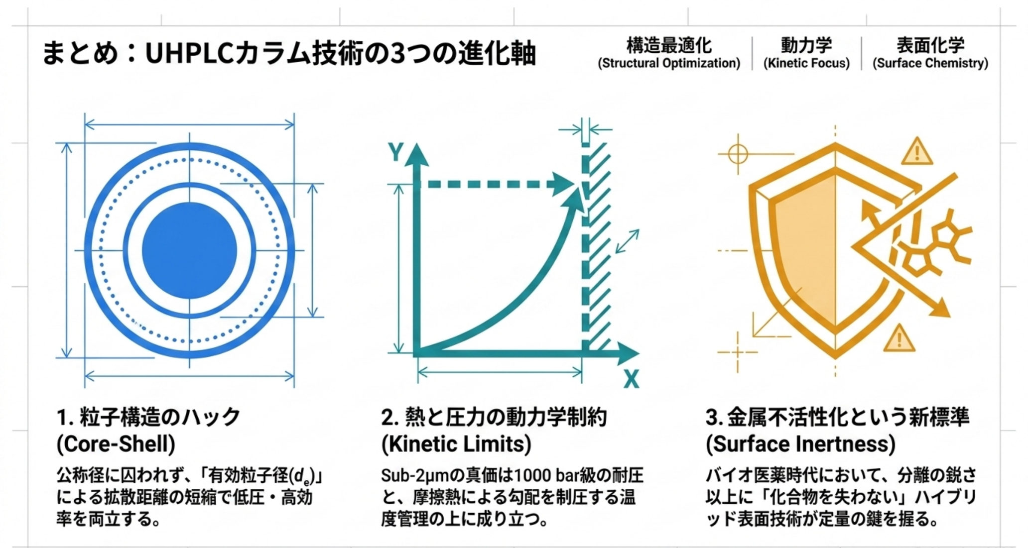 UHPLCカラム技術の3つの要点をまとめた図解