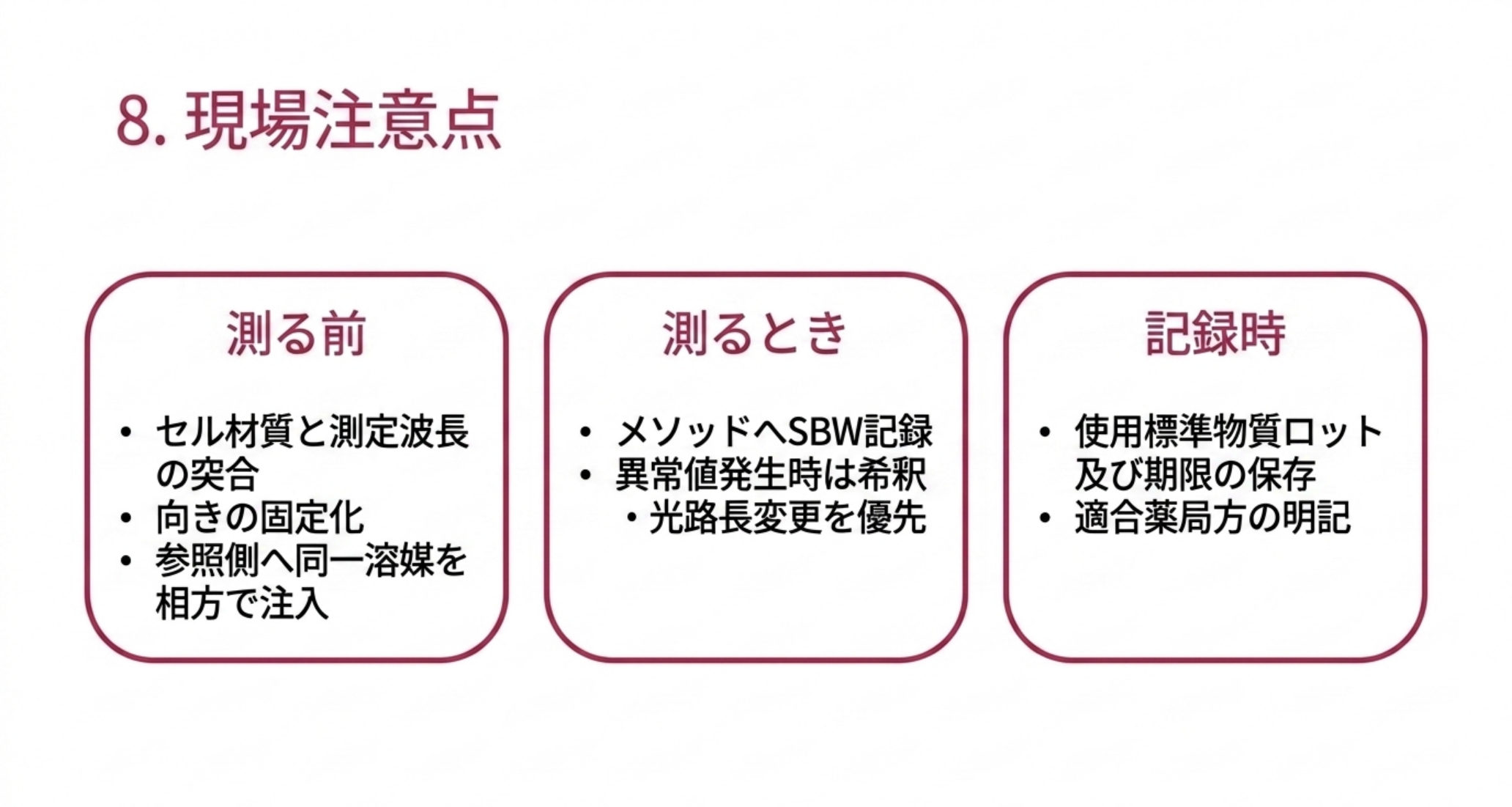 測る前3項目、測るとき2項目、記録時2項目に分けた現場の注意点